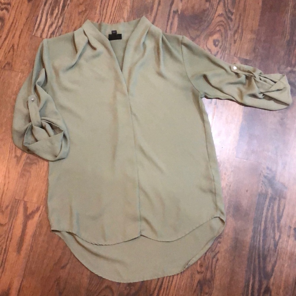 Olive green blouse with rolled sleeve detail